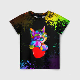 Детская футболка 3D с принтом РАДУЖНЫЙ КОТИК / RAINBOW KITTY в Санкт-Петербурге, 100% гипоаллергенный полиэфир | прямой крой, круглый вырез горловины, длина до линии бедер, чуть спущенное плечо, ткань немного тянется | Тематика изображения на принте: heart | kitty | like | low poly | rainbow | животные | звери | котик | лайк | радуга | радужный котик | сердечко | цветные