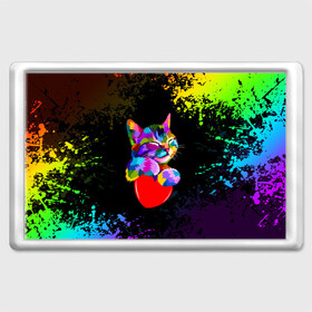 Магнит 45*70 с принтом РАДУЖНЫЙ КОТИК / RAINBOW KITTY в Санкт-Петербурге, Пластик | Размер: 78*52 мм; Размер печати: 70*45 | Тематика изображения на принте: heart | kitty | like | low poly | rainbow | животные | звери | котик | лайк | радуга | радужный котик | сердечко | цветные
