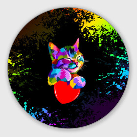 Коврик для мышки круглый с принтом РАДУЖНЫЙ КОТИК / RAINBOW KITTY в Санкт-Петербурге, резина и полиэстер | круглая форма, изображение наносится на всю лицевую часть | heart | kitty | like | low poly | rainbow | животные | звери | котик | лайк | радуга | радужный котик | сердечко | цветные