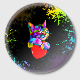 Значок с принтом РАДУЖНЫЙ КОТИК / RAINBOW KITTY в Санкт-Петербурге,  металл | круглая форма, металлическая застежка в виде булавки | heart | kitty | like | low poly | rainbow | животные | звери | котик | лайк | радуга | радужный котик | сердечко | цветные