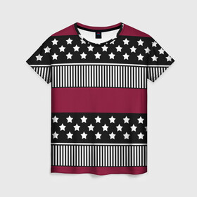 Женская футболка 3D с принтом Бордово-черный узор полосатый в Санкт-Петербурге, 100% полиэфир ( синтетическое хлопкоподобное полотно) | прямой крой, круглый вырез горловины, длина до линии бедер | бордовый и черный | звезды | комбинированный | полосатый | полосатый узор | пэчворк | черный