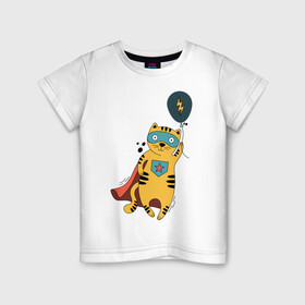 Детская футболка хлопок с принтом Супер кот в Санкт-Петербурге, 100% хлопок | круглый вырез горловины, полуприлегающий силуэт, длина до линии бедер | super cat | воздушный шарик | кот в плаще | кот герой | супер кот