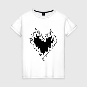 Женская футболка хлопок с принтом СЕРДЦЕ В ОГНЕ / HEART ON FIRE в Санкт-Петербурге, 100% хлопок | прямой крой, круглый вырез горловины, длина до линии бедер, слегка спущенное плечо | love. | tattoo | любовь | минимализм | огонь | партак | сердце | сердце в огне | тату | чёрно белое