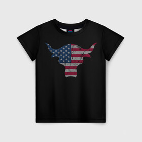Детская футболка 3D с принтом The Bull в Санкт-Петербурге, 100% гипоаллергенный полиэфир | прямой крой, круглый вырез горловины, длина до линии бедер, чуть спущенное плечо, ткань немного тянется | америка | белый | бык | звёзды | красный | полоски | рога | флаг