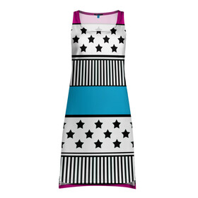 Платье-майка 3D с принтом Молодежный современный узор в Санкт-Петербурге, 100% полиэстер | полуприлегающий силуэт, широкие бретели, круглый вырез горловины, удлиненный подол сзади. | звезды | модный | полосатый пэчворк | полосатый узор | популярный | пэчворк | розовый | черный