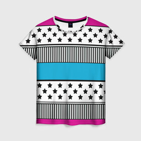 Женская футболка 3D с принтом Молодежный современный узор в Санкт-Петербурге, 100% полиэфир ( синтетическое хлопкоподобное полотно) | прямой крой, круглый вырез горловины, длина до линии бедер | звезды | модный | полосатый пэчворк | полосатый узор | популярный | пэчворк | розовый | черный