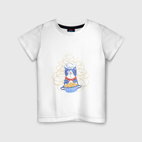 Детская футболка хлопок с принтом Котик-повар в Санкт-Петербурге, 100% хлопок | круглый вырез горловины, полуприлегающий силуэт, длина до линии бедер | арт | кот | котик | кошка | макароны | паста | повар | рисунок | спагетти