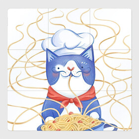 Магнитный плакат 3Х3 с принтом Котик-повар в Санкт-Петербурге, Полимерный материал с магнитным слоем | 9 деталей размером 9*9 см | Тематика изображения на принте: арт | кот | котик | кошка | макароны | паста | повар | рисунок | спагетти