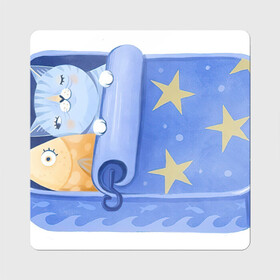 Магнит виниловый Квадрат с принтом Сладкие сны в Санкт-Петербурге, полимерный материал с магнитным слоем | размер 9*9 см, закругленные углы | арт | звезда | звёзды | консервы | кот | котик | кошка | ночь | рисунок | рыба | рыбка | сны | сон | спокойной ночи