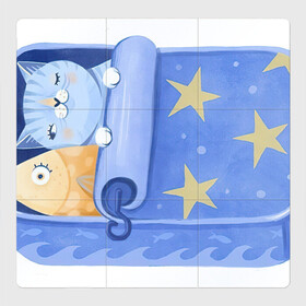 Магнитный плакат 3Х3 с принтом Сладкие сны в Санкт-Петербурге, Полимерный материал с магнитным слоем | 9 деталей размером 9*9 см | арт | звезда | звёзды | консервы | кот | котик | кошка | ночь | рисунок | рыба | рыбка | сны | сон | спокойной ночи
