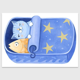 Поздравительная открытка с принтом Сладкие сны в Санкт-Петербурге, 100% бумага | плотность бумаги 280 г/м2, матовая, на обратной стороне линовка и место для марки
 | Тематика изображения на принте: арт | звезда | звёзды | консервы | кот | котик | кошка | ночь | рисунок | рыба | рыбка | сны | сон | спокойной ночи