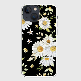 Чехол для iPhone 13 mini с принтом Ромашки на черном фоне в Санкт-Петербурге,  |  | Тематика изображения на принте: девушкам | девушке | природа | ромахи | ромашки | рошамшка | цветочки | цветы