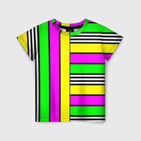 Детская футболка 3D с принтом полосатый неоновый модный узор в Санкт-Петербурге, 100% гипоаллергенный полиэфир | прямой крой, круглый вырез горловины, длина до линии бедер, чуть спущенное плечо, ткань немного тянется | желтый неоновый | молодежный | неон | неоновый | неоновый зеленый | полосатый | разноцветный | розовый неоновый