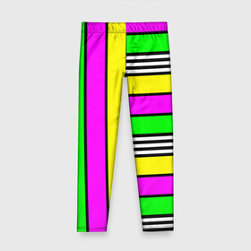 Детские леггинсы 3D с принтом полосатый неоновый модный узор в Санкт-Петербурге, полиэстер 85%, спандекс 15% | эластичный пояс, зауженный крой | желтый неоновый | молодежный | неон | неоновый | неоновый зеленый | полосатый | разноцветный | розовый неоновый