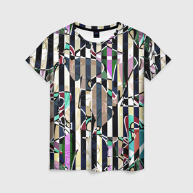 Женская футболка 3D с принтом Полосатый абстрактный узор в Санкт-Петербурге, 100% полиэфир ( синтетическое хлопкоподобное полотно) | прямой крой, круглый вырез горловины, длина до линии бедер | абстрактный | креативный | молодежный | полосатый | разноцветный | рустик | современный