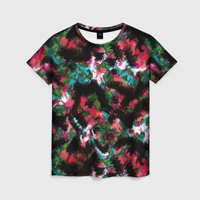 Женская футболка 3D с принтом Гранжевый абстрактный узор в Санкт-Петербурге, 100% полиэфир ( синтетическое хлопкоподобное полотно) | прямой крой, круглый вырез горловины, длина до линии бедер | абстрактный | гранж | красно малиновый | пестрый | пятна | размытый узор | современный | темный | черный
