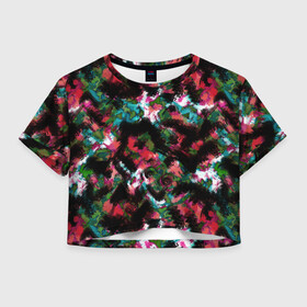 Женская футболка Crop-top 3D с принтом Гранжевый абстрактный узор в Санкт-Петербурге, 100% полиэстер | круглая горловина, длина футболки до линии талии, рукава с отворотами | абстрактный | гранж | красно малиновый | пестрый | пятна | размытый узор | современный | темный | черный