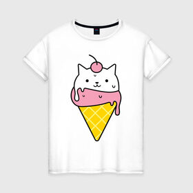 Женская футболка хлопок с принтом Ice Cream Cat в Санкт-Петербурге, 100% хлопок | прямой крой, круглый вырез горловины, длина до линии бедер, слегка спущенное плечо | animal | cat | cute | ice cream | kitty | meow | друг | животные | киска | кися | китти | кот | котенок | котик | котэ | кошечка | кошка | мороженое | мур | мяу | питомец