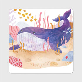Магнит виниловый Квадрат с принтом Отдыхающий кит в Санкт-Петербурге, полимерный материал с магнитным слоем | размер 9*9 см, закругленные углы | Тематика изображения на принте: арт | звезда | кит | кораллы | море | морская звезда | океан | песок | природа | рисунок | рыба | рыбки | рыбы | синий кит