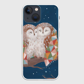 Чехол для iPhone 13 mini с принтом Ночные обнимашки в Санкт-Петербурге,  |  | Тематика изображения на принте: арт | ветка | дерево | звёздное небо | луна | ночь | одеяло | плед | полу месяц | природа | птица | птицы | рисунок | снег | снежинки | сова | совы