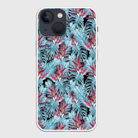 Чехол для iPhone 13 mini с принтом Розово голубой тропический в Санкт-Петербурге,  |  | листья | листья монстеры | монстера | папоротник | пляжный | тропический | цветочный