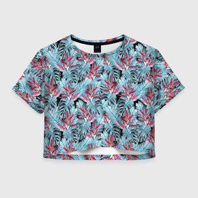 Женская футболка Crop-top 3D с принтом Розово-голубой тропический  в Санкт-Петербурге, 100% полиэстер | круглая горловина, длина футболки до линии талии, рукава с отворотами | листья | листья монстеры | монстера | папоротник | пляжный | тропический | цветочный