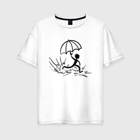 Женская футболка хлопок Oversize с принтом Приключения в Санкт-Петербурге, 100% хлопок | свободный крой, круглый ворот, спущенный рукав, длина до линии бедер
 | rain | running | бег | дождь | лужа | приключения | силуэт