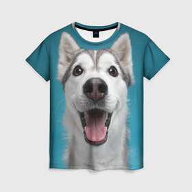 Женская футболка 3D с принтом Хаски в Санкт-Петербурге, 100% полиэфир ( синтетическое хлопкоподобное полотно) | прямой крой, круглый вырез горловины, длина до линии бедер | dog | дог | домашние животные | звери | сибирский хаски | собака | собаки | хаски