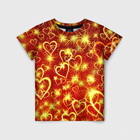 Детская футболка 3D с принтом Любовный взрыв в Санкт-Петербурге, 100% гипоаллергенный полиэфир | прямой крой, круглый вырез горловины, длина до линии бедер, чуть спущенное плечо, ткань немного тянется | Тематика изображения на принте: любовь | салют | сердечки | сердца | сердце | фейверк