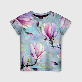 Детская футболка 3D с принтом Живописная магнолия в Санкт-Петербурге, 100% гипоаллергенный полиэфир | прямой крой, круглый вырез горловины, длина до линии бедер, чуть спущенное плечо, ткань немного тянется | бутоны | весна | живописный | живопись | картина | крупные цветы | магнолия | небесный | нежные | холст | художественный | цветочки | цветочный | цветы