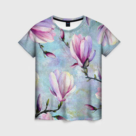 Женская футболка 3D с принтом Живописная магнолия в Санкт-Петербурге, 100% полиэфир ( синтетическое хлопкоподобное полотно) | прямой крой, круглый вырез горловины, длина до линии бедер | бутоны | весна | живописный | живопись | картина | крупные цветы | магнолия | небесный | нежные | холст | художественный | цветочки | цветочный | цветы