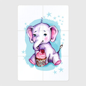 Магнитный плакат 2Х3 с принтом Милый слоник и пирожное в Санкт-Петербурге, Полимерный материал с магнитным слоем | 6 деталей размером 9*9 см | Тематика изображения на принте: день рождения | детский | забавный | звездочки | звезды | капкейк | кекс | малыш | милый | пирожное | слон | слоненок | слоник