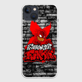 Чехол для iPhone 13 с принтом Friday Night Funkin TrickyWall в Санкт-Петербурге,  |  | black | brick | character | clown | demon | fire | fnf | friday night funkin | red | tricky | white | белый | буквы | демон | игра | картинка | кирпич | клоун | красный | логотип | микрофон | огонь | персонаж | рисовка | трещины | трики | фра