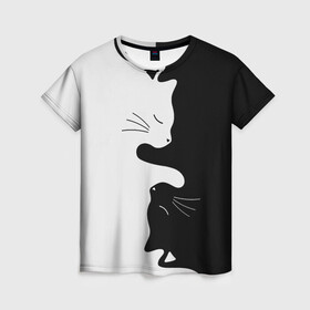 Женская футболка 3D с принтом Коты инь янь в Санкт-Петербурге, 100% полиэфир ( синтетическое хлопкоподобное полотно) | прямой крой, круглый вырез горловины, длина до линии бедер | cat | домашние животные | звери | инь и янь | инь янь | кот | коты | кошка | кошки | черно белое | чернобелое | черное и белое