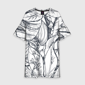 Детское платье 3D с принтом Тропические листья в Санкт-Петербурге, 100% полиэстер | прямой силуэт, чуть расширенный к низу. Круглая горловина, на рукавах — воланы | plants | растения | тропические листья | цветы | чёрно белые листья