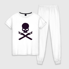 Женская пижама хлопок с принтом Warhammer Roger в Санкт-Петербурге, 100% хлопок | брюки и футболка прямого кроя, без карманов, на брюках мягкая резинка на поясе и по низу штанин | Тематика изображения на принте: chainsword | jolly roger | pirate | skull | warhammer | вархаммер | пиломеч | пиратский флаг | череп