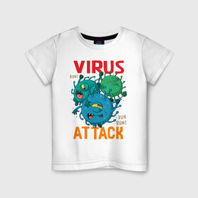 Детская футболка хлопок с принтом ВИРУС АТАКУЕТ в Санкт-Петербурге, 100% хлопок | круглый вырез горловины, полуприлегающий силуэт, длина до линии бедер | attack | covid | lockdown | virus | атака | болезнь | вакцинация | вирус | карантин | ковид | коронавирус | пандемия | эпидемия