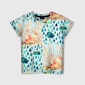 Детская футболка 3D с принтом Осенний паттерн: Дождь и солнце в Санкт-Петербурге, 100% гипоаллергенный полиэфир | прямой крой, круглый вырез горловины, длина до линии бедер, чуть спущенное плечо, ткань немного тянется | Тематика изображения на принте: 3d | blue | clouds | overcast | rain | raindrops | sun | sunset | watercolor | weather | акварель | дизайн | дождливый | дождь | закат | капли | коллаж | лучи | непогода | облака | осенний | осень | паттерн | погода | рассвет | синий