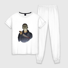 Женская пижама хлопок с принтом Майкл Dead by daylight в Санкт-Петербурге, 100% хлопок | брюки и футболка прямого кроя, без карманов, на брюках мягкая резинка на поясе и по низу штанин | killer | michael myers | майкл майерс