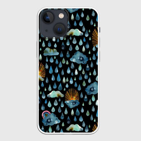 Чехол для iPhone 13 mini с принтом Дождливая осень.Солнце, облака в Санкт-Петербурге,  |  | autumn | pattern | raibow | rain | raindrops | sun | watercolor | акварель | дизайн | дождливый | дождь | закат | капли | коллаж | ливень | морось | непогода | облака | осень | паттерн | погода | природа | радуга | рассвет | солнце