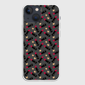 Чехол для iPhone 13 mini с принтом Красная Губная помада в Санкт-Петербурге,  |  | в горошек | для девочки | женский | золотое сердце | косметика | красная помада | любовь | помада | ретро | сердце | серый | черный фон