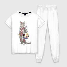 Женская пижама хлопок с принтом К полёту - готов в Санкт-Петербурге, 100% хлопок | брюки и футболка прямого кроя, без карманов, на брюках мягкая резинка на поясе и по низу штанин | арт | астронавт | белая кошка | белый кот | космонавт | космос | кот | котейка | кошка | рисунок | скафандр