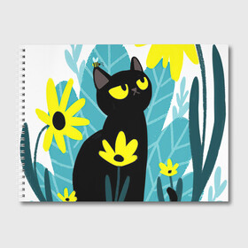 Альбом для рисования с принтом Кот и цветок в Санкт-Петербурге, 100% бумага
 | матовая бумага, плотность 200 мг. | арт | жёлтые цветы | жёлтый цветок | космос | кот | котейка | кошка | полевой цветок | полевые цветы | пчела | рисунок | цветок | цветы | чёрная кошка | чёрный кот | чёрный котейка