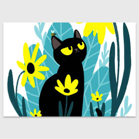 Поздравительная открытка с принтом Кот и цветок в Санкт-Петербурге, 100% бумага | плотность бумаги 280 г/м2, матовая, на обратной стороне линовка и место для марки
 | Тематика изображения на принте: арт | жёлтые цветы | жёлтый цветок | космос | кот | котейка | кошка | полевой цветок | полевые цветы | пчела | рисунок | цветок | цветы | чёрная кошка | чёрный кот | чёрный котейка