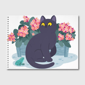 Альбом для рисования с принтом Кот, лягушка и клумба в Санкт-Петербурге, 100% бумага
 | матовая бумага, плотность 200 мг. | арт | клумба | космос | кот | котейка | кошка | лягушка | рисунок | розовые цветы | розовый цветок | цветы | чёрная кошка | чёрный кот