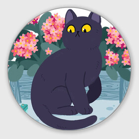 Коврик для мышки круглый с принтом Кот, лягушка и клумба в Санкт-Петербурге, резина и полиэстер | круглая форма, изображение наносится на всю лицевую часть | Тематика изображения на принте: арт | клумба | космос | кот | котейка | кошка | лягушка | рисунок | розовые цветы | розовый цветок | цветы | чёрная кошка | чёрный кот