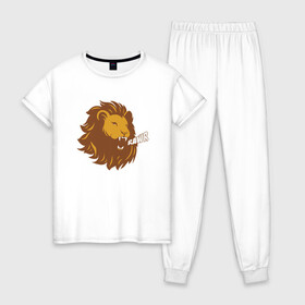 Женская пижама хлопок с принтом Lion Rawr в Санкт-Петербурге, 100% хлопок | брюки и футболка прямого кроя, без карманов, на брюках мягкая резинка на поясе и по низу штанин | animal | cat | lion | африка | животные | зверь | кот | кошка | лев | львенок | львица | тигр | хищник | царь