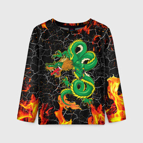Детский лонгслив 3D с принтом Дракон Огонь Dragon Fire в Санкт-Петербурге, 100% полиэстер | длинные рукава, круглый вырез горловины, полуприлегающий силуэт
 | beast | dragon | fire | горелый | дракон | животные | зверь | змей | когти | огонь | пепел | пламя | узор | чб | японский