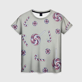 Женская футболка 3D с принтом Конфеты в Санкт-Петербурге, 100% полиэфир ( синтетическое хлопкоподобное полотно) | прямой крой, круглый вырез горловины, длина до линии бедер | candy | lollipops | sweets | конфета | леденцы