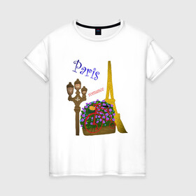Женская футболка хлопок с принтом Кусочек Парижа в Санкт-Петербурге, 100% хлопок | прямой крой, круглый вырез горловины, длина до линии бедер, слегка спущенное плечо | . | велик | велосипед | виласипед | города | любовь | мерцание | надписи | париж | путешествие | романтика | текст | фонарь | франция | цветы | эйфелева башня